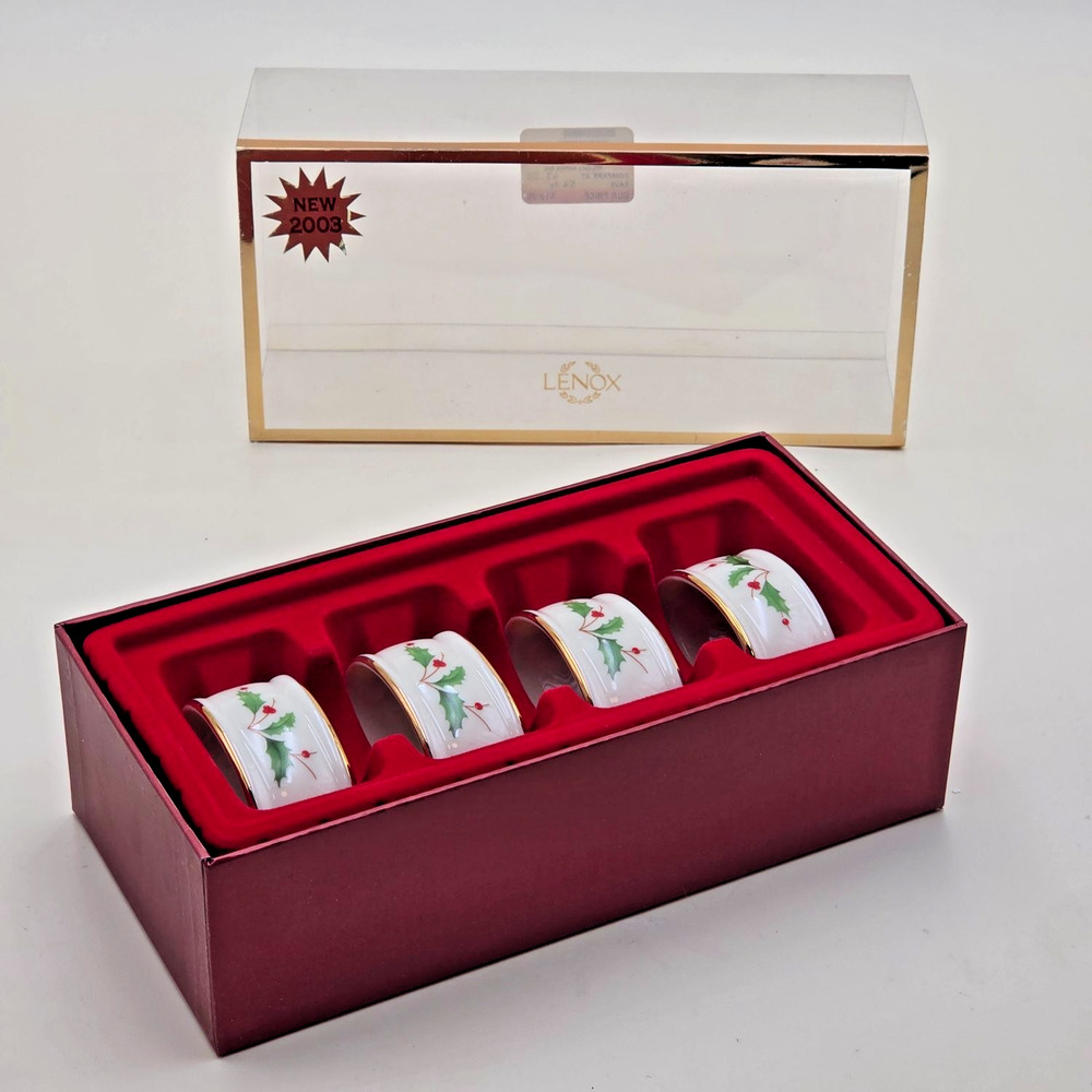 Lenox Holiday Christmas Napkin Rings Set of 4 Holly Berries Ivory 2003 Gold Rim